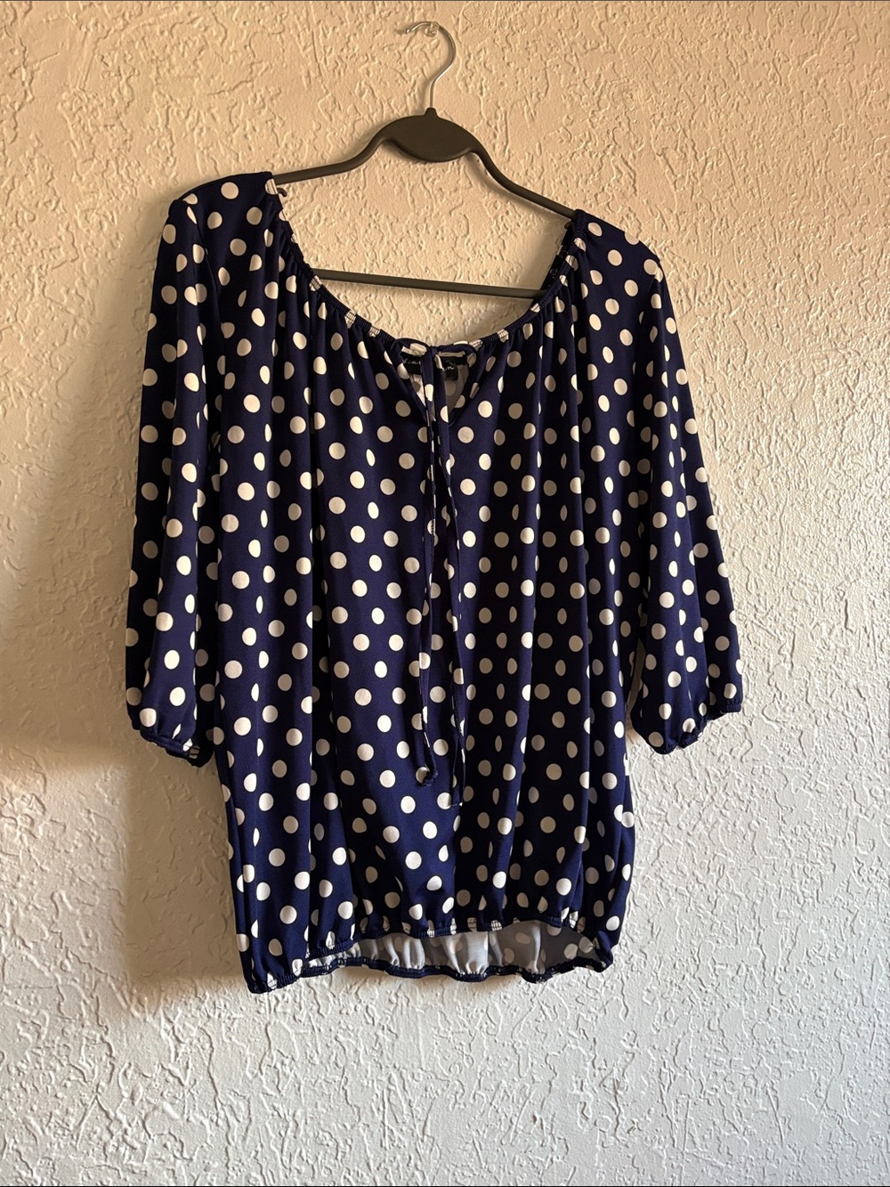 Star Vixen Navy and White Polka Dot Peasant Top